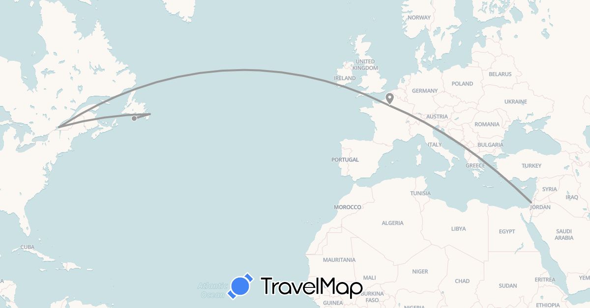TravelMap itinerary: driving, plane in Canada, France, Israel, Saint Pierre and Miquelon (Asia, Europe, North America)